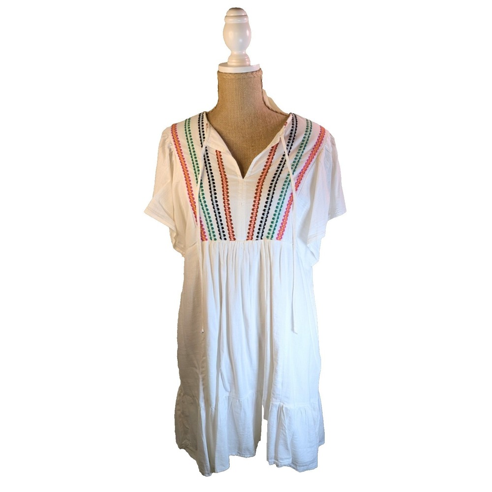 KNOX ROSE White Embroidered V Neck Tiered Mini Dress Women's Size‎ M